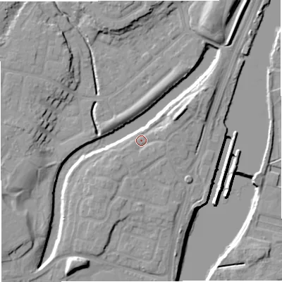 Shaded relief map of the ground around M446RY, computed from Environment Agency LiDAR. The ground here sits at about 16 m above sea level and falls 13 m across the surrounding 800 m. Surface water reaching this point runs off ground lying to the east-north-east, 2.0 m higher.
