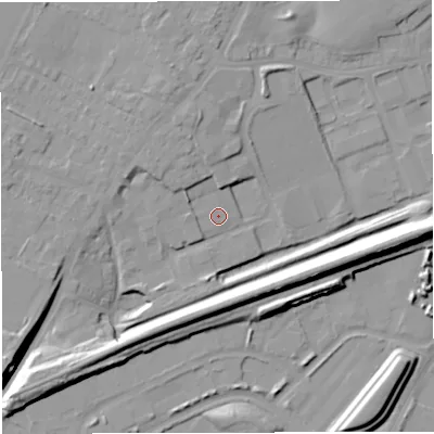 Shaded relief map of the ground around M446ZQ, computed from Environment Agency LiDAR. The ground here sits at about 16 m above sea level and falls 16 m across the surrounding 800 m. Surface water reaching this point runs off ground lying to the north-west, 3.2 m higher.