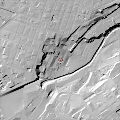 Shaded relief map of the ground around M44AJ, computed from Environment Agency LiDAR. The ground here sits at about 32 m above sea level and falls 30 m across the surrounding 800 m. Surface water reaching this point runs off ground lying to the south-east, 28.1 m higher.