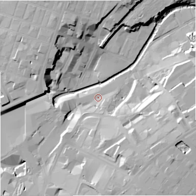 Shaded relief map of the ground around M44DG, computed from Environment Agency LiDAR. The ground here sits at about 32 m above sea level and falls 28 m across the surrounding 800 m. Surface water reaching this point runs off ground lying to the south-south-east, 5.6 m higher.