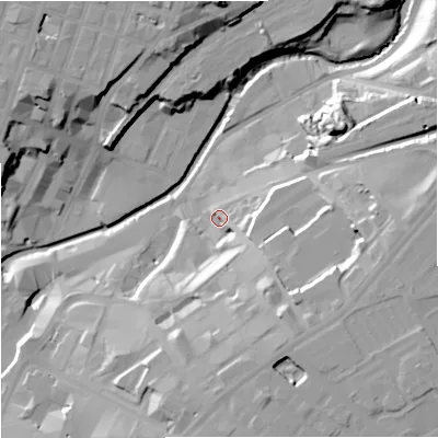 Shaded relief map of the ground around M44DL, computed from Environment Agency LiDAR. The ground here sits at about 34 m above sea level and falls 30 m across the surrounding 800 m. Surface water reaching this point runs off ground lying to the east, 21.1 m higher.