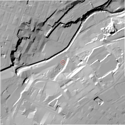 Shaded relief map of the ground around M44DN, computed from Environment Agency LiDAR. The ground here sits at about 30 m above sea level and falls 28 m across the surrounding 800 m. Surface water reaching this point runs off ground lying to the east, 22.9 m higher.