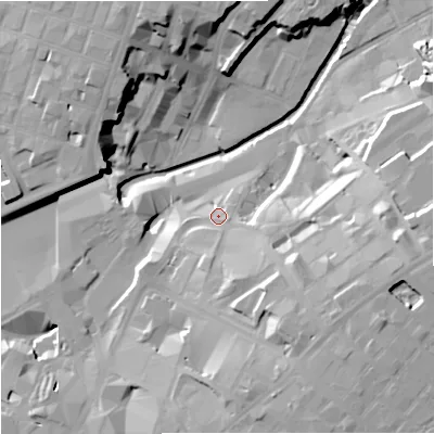 Shaded relief map of the ground around M44DQ, computed from Environment Agency LiDAR. The ground here sits at about 36 m above sea level and falls 28 m across the surrounding 800 m. Surface water reaching this point runs off ground lying to the east-south-east, 14.8 m higher.