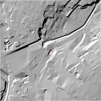 Shaded relief map of the ground around M44DR, computed from Environment Agency LiDAR. The ground here sits at about 28 m above sea level and falls 30 m across the surrounding 800 m. Surface water reaching this point runs off ground lying to the east-south-east, 24.5 m higher.