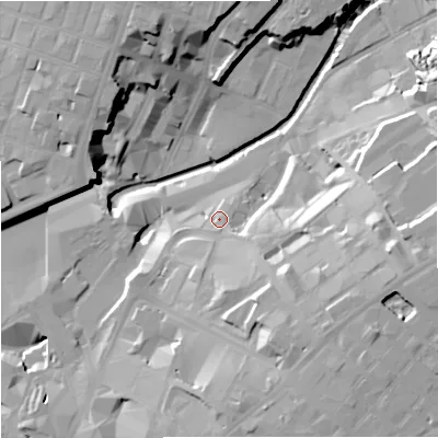 Shaded relief map of the ground around M44DW, computed from Environment Agency LiDAR. The ground here sits at about 36 m above sea level and falls 28 m across the surrounding 800 m. Surface water reaching this point runs off ground lying to the east-south-east, 16.6 m higher.