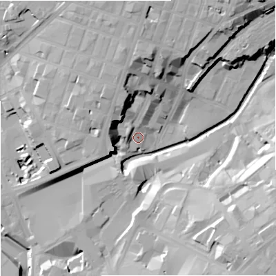 Shaded relief map of the ground around M44EE, computed from Environment Agency LiDAR. The ground here sits at about 31 m above sea level and falls 30 m across the surrounding 800 m. Surface water reaching this point runs off ground lying to the east-south-east, 27.2 m higher.
