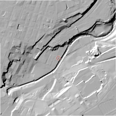 Shaded relief map of the ground around M44EJ, computed from Environment Agency LiDAR. The ground here sits at about 30 m above sea level and falls 30 m across the surrounding 800 m. Surface water reaching this point runs off ground lying to the north, 4.7 m higher.
