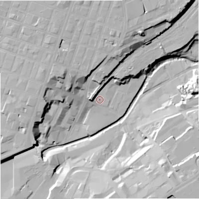 Shaded relief map of the ground around M44EN, computed from Environment Agency LiDAR. The ground here sits at about 31 m above sea level and falls 30 m across the surrounding 800 m. Surface water reaching this point runs off ground lying to the north, 14.7 m higher.