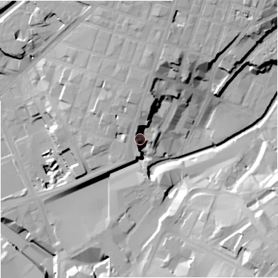 Shaded relief map of the ground around M44EW, computed from Environment Agency LiDAR. The ground here sits at about 39 m above sea level and falls 30 m across the surrounding 800 m. Surface water reaching this point runs off ground lying to the north, 12.0 m higher.