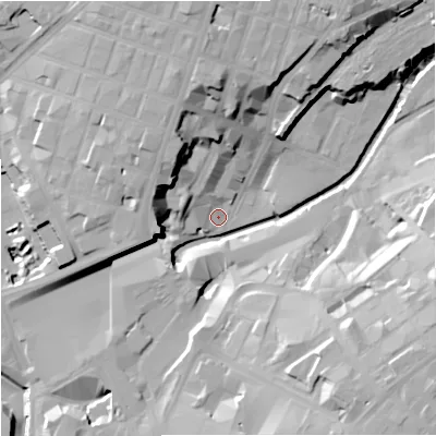 Shaded relief map of the ground around M44FH, computed from Environment Agency LiDAR. The ground here sits at about 30 m above sea level and falls 31 m across the surrounding 800 m. Surface water reaching this point runs off ground lying to the south-east, 28.2 m higher.