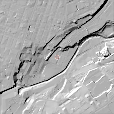Shaded relief map of the ground around M44FJ, computed from Environment Agency LiDAR. The ground here sits at about 31 m above sea level and falls 30 m across the surrounding 800 m. Surface water reaching this point runs off ground lying to the north-north-east, 23.9 m higher.