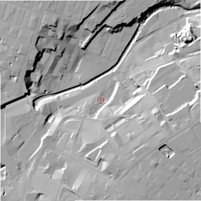 Shaded relief map of the ground around M44GR, computed from Environment Agency LiDAR. The ground here sits at about 32 m above sea level and falls 28 m across the surrounding 800 m. Surface water reaching this point runs off ground lying to the south-east, 22.2 m higher.