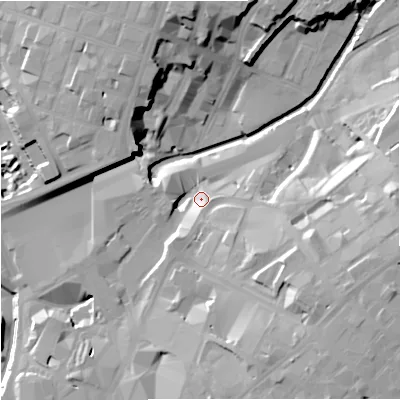 Shaded relief map of the ground around M44HB, computed from Environment Agency LiDAR. The ground here sits at about 32 m above sea level and falls 31 m across the surrounding 800 m. Surface water reaching this point runs off ground lying to the east-south-east, 25.6 m higher.
