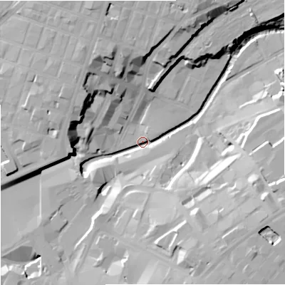 Shaded relief map of the ground around M44HF, computed from Environment Agency LiDAR. The ground here sits at about 29 m above sea level and falls 28 m across the surrounding 800 m. Surface water reaching this point runs off ground lying to the east-south-east, 25.8 m higher.