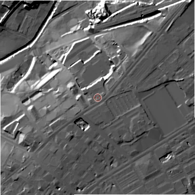 Shaded relief map of the ground around M44HY, computed from Environment Agency LiDAR. The ground here sits at about 52 m above sea level and falls 30 m across the surrounding 800 m. Surface water reaching this point runs off ground lying to the east-north-east, 1.1 m higher.