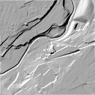 Shaded relief map of the ground around M44JJ, computed from Environment Agency LiDAR. The ground here sits at about 32 m above sea level and falls 30 m across the surrounding 800 m. Surface water reaching this point runs off ground lying to the south-east, 16.2 m higher.