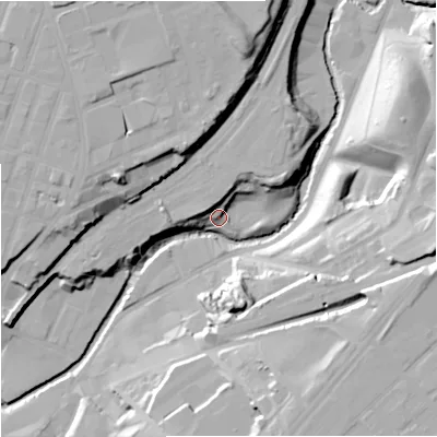 Shaded relief map of the ground around M44JL, computed from Environment Agency LiDAR. The ground here sits at about 35 m above sea level and falls 34 m across the surrounding 800 m. Surface water reaching this point runs off ground lying to the east, 28.5 m higher.