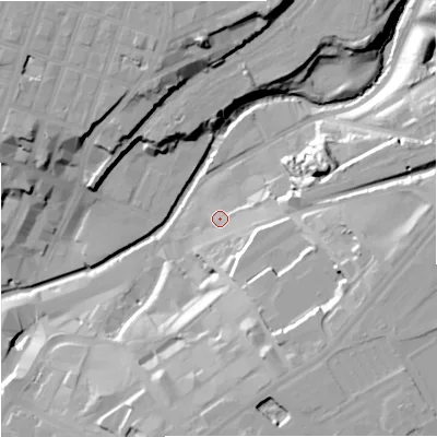 Shaded relief map of the ground around M44JS, computed from Environment Agency LiDAR. The ground here sits at about 33 m above sea level and falls 28 m across the surrounding 800 m. Surface water reaching this point runs off ground lying to the south-east, 10.9 m higher.