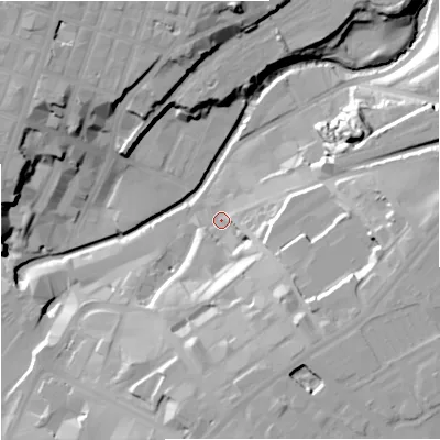 Shaded relief map of the ground around M44JT, computed from Environment Agency LiDAR. The ground here sits at about 31 m above sea level and falls 30 m across the surrounding 800 m. Surface water reaching this point runs off ground lying to the east, 23.1 m higher.