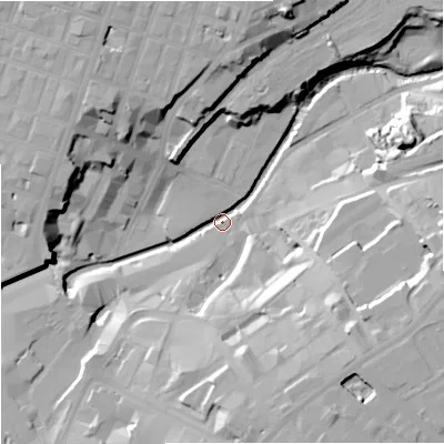 Shaded relief map of the ground around M44JW, computed from Environment Agency LiDAR. The ground here sits at about 30 m above sea level and falls 30 m across the surrounding 800 m. Surface water reaching this point runs off ground lying to the east-south-east, 25.7 m higher.