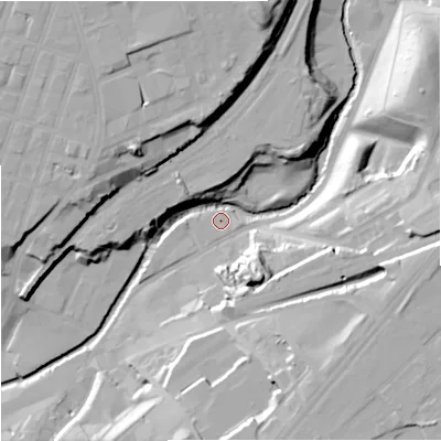 Shaded relief map of the ground around M44NL, computed from Environment Agency LiDAR. The ground here sits at about 31 m above sea level and falls 34 m across the surrounding 800 m. Surface water reaching this point runs off ground lying to the east, 25.7 m higher.