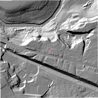 Shaded relief map of the ground around M457RQ, computed from Environment Agency LiDAR. The ground here sits at about 105 m above sea level and falls 55 m across the surrounding 800 m. Surface water reaching this point runs off ground lying to the east-south-east, 2.8 m higher.