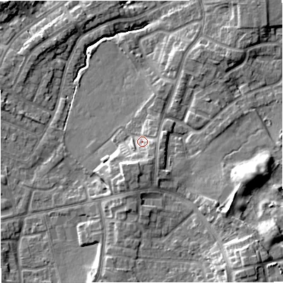 Shaded relief map of the ground around M458LB, computed from Environment Agency LiDAR. The ground here sits at about 90 m above sea level and falls 13 m across the surrounding 800 m. Surface water reaching this point runs off ground lying to the south-south-east, 4.1 m higher.