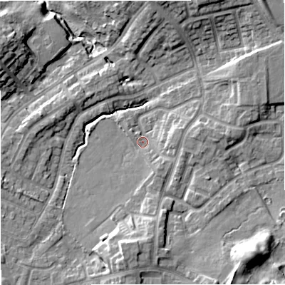 Shaded relief map of the ground around M458LH, computed from Environment Agency LiDAR. The ground here sits at about 87 m above sea level and falls 15 m across the surrounding 800 m. Surface water reaching this point runs off ground lying to the south-east, 7.7 m higher.