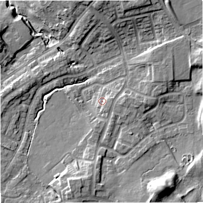 Shaded relief map of the ground around M458LJ, computed from Environment Agency LiDAR. The ground here sits at about 89 m above sea level and falls 15 m across the surrounding 800 m. Surface water reaching this point runs off ground lying to the east-south-east, 2.6 m higher.