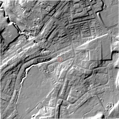 Shaded relief map of the ground around M458LL, computed from Environment Agency LiDAR. The ground here sits at about 87 m above sea level and falls 18 m across the surrounding 800 m. Surface water reaching this point runs off ground lying to the south, 5.9 m higher.