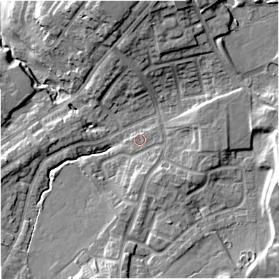 Shaded relief map of the ground around M458RL, computed from Environment Agency LiDAR. The ground here sits at about 88 m above sea level and falls 18 m across the surrounding 800 m. Surface water reaching this point runs off ground lying to the east, 8.4 m higher.