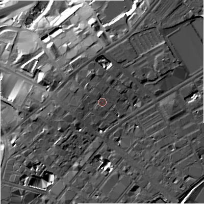 Shaded relief map of the ground around M45GD, computed from Environment Agency LiDAR. The ground here sits at about 50 m above sea level and falls 28 m across the surrounding 800 m. Surface water reaching this point runs off ground lying to the north-north-east, 4.7 m higher.
