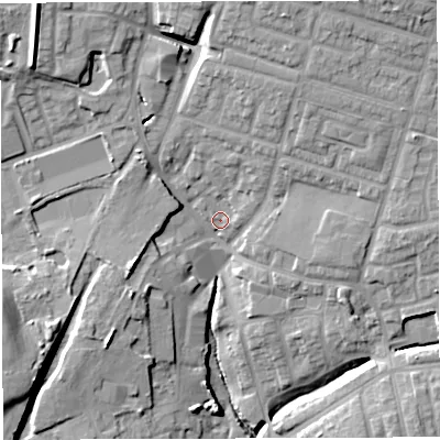 Shaded relief map of the ground around M460EZ, computed from Environment Agency LiDAR. The ground here sits at about 56 m above sea level and falls 20 m across the surrounding 800 m. Surface water reaching this point runs off ground lying to the north-north-east, 5.9 m higher.