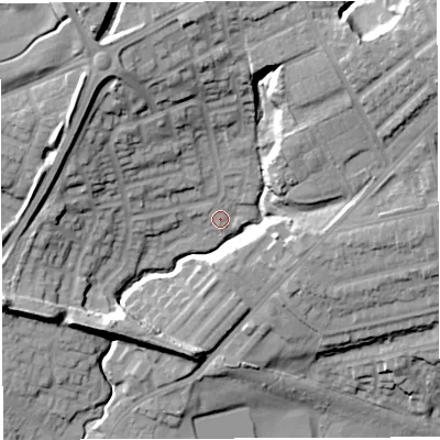 Shaded relief map of the ground around M460FT, computed from Environment Agency LiDAR. The ground here sits at about 41 m above sea level and falls 26 m across the surrounding 800 m. Surface water reaching this point runs off ground lying to the north-east, 23.2 m higher.