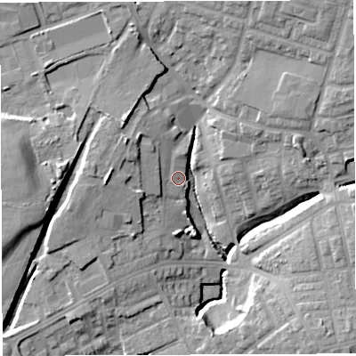 Shaded relief map of the ground around M460FY, computed from Environment Agency LiDAR. The ground here sits at about 54 m above sea level and falls 19 m across the surrounding 800 m. Surface water reaching this point runs off ground lying to the west, 11.8 m higher.