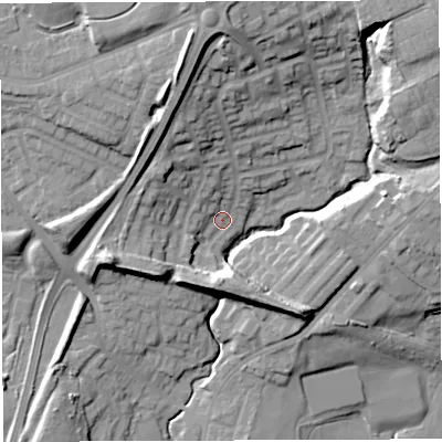 Shaded relief map of the ground around M460GL, computed from Environment Agency LiDAR. The ground here sits at about 39 m above sea level and falls 26 m across the surrounding 800 m. Surface water reaching this point runs off ground lying to the north, 21.1 m higher.