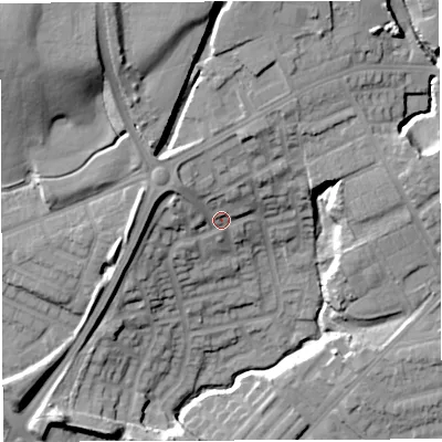 Shaded relief map of the ground around M460GN, computed from Environment Agency LiDAR. The ground here sits at about 49 m above sea level and falls 33 m across the surrounding 800 m. Surface water reaching this point runs off ground lying to the north-west, 7.1 m higher.