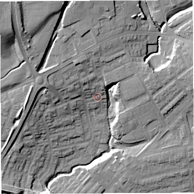Shaded relief map of the ground around M460GU, computed from Environment Agency LiDAR. The ground here sits at about 47 m above sea level and falls 31 m across the surrounding 800 m. Surface water reaching this point runs off ground lying to the north, 11.4 m higher.