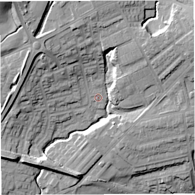 Shaded relief map of the ground around M460GW, computed from Environment Agency LiDAR. The ground here sits at about 42 m above sea level and falls 29 m across the surrounding 800 m. Surface water reaching this point runs off ground lying to the east-north-east, 24.3 m higher.