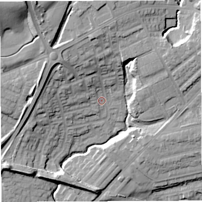 Shaded relief map of the ground around M460GX, computed from Environment Agency LiDAR. The ground here sits at about 43 m above sea level and falls 32 m across the surrounding 800 m. Surface water reaching this point runs off ground lying to the north-north-west, 28.5 m higher.