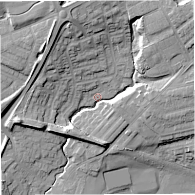 Shaded relief map of the ground around M460GZ, computed from Environment Agency LiDAR. The ground here sits at about 39 m above sea level and falls 26 m across the surrounding 800 m. Surface water reaching this point runs off ground lying to the north-east, 21.9 m higher.