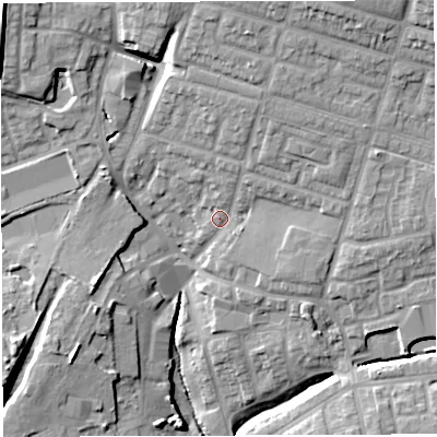 Shaded relief map of the ground around M460HL, computed from Environment Agency LiDAR. The ground here sits at about 58 m above sea level and falls 20 m across the surrounding 800 m. Surface water reaching this point runs off ground lying to the north-north-east, 5.9 m higher.