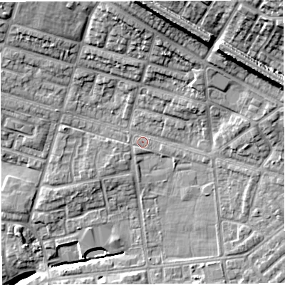 Shaded relief map of the ground around M460HZ, computed from Environment Agency LiDAR. The ground here sits at about 60 m above sea level and falls 26 m across the surrounding 800 m. Surface water reaching this point runs off ground lying to the north, 15.9 m higher.