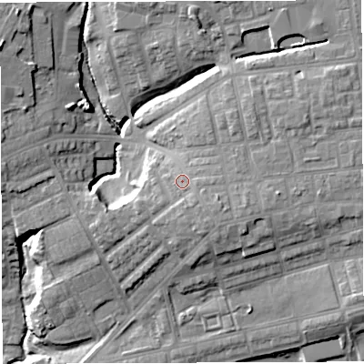 Shaded relief map of the ground around M460JQ, computed from Environment Agency LiDAR. The ground here sits at about 58 m above sea level and falls 23 m across the surrounding 800 m. Surface water reaching this point runs off ground lying to the east-south-east, 3.3 m higher.
