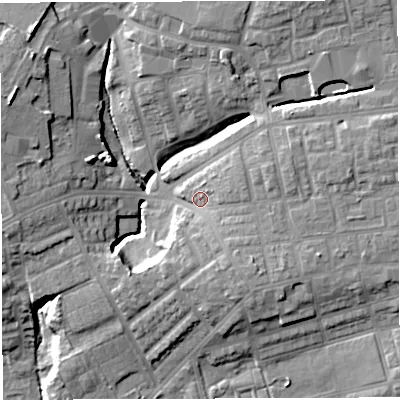 Shaded relief map of the ground around M460JR, computed from Environment Agency LiDAR. The ground here sits at about 55 m above sea level and falls 21 m across the surrounding 800 m. Surface water reaching this point runs off ground lying to the south-east, 6.6 m higher.
