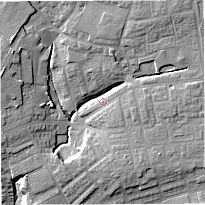 Shaded relief map of the ground around M460JS, computed from Environment Agency LiDAR. The ground here sits at about 55 m above sea level and falls 19 m across the surrounding 800 m. Surface water reaching this point runs off ground lying to the north-east, 16.2 m higher.
