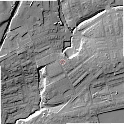 Shaded relief map of the ground around M460LG, computed from Environment Agency LiDAR. The ground here sits at about 54 m above sea level and falls 28 m across the surrounding 800 m. Surface water reaching this point runs off ground lying to the east, 1.5 m higher.
