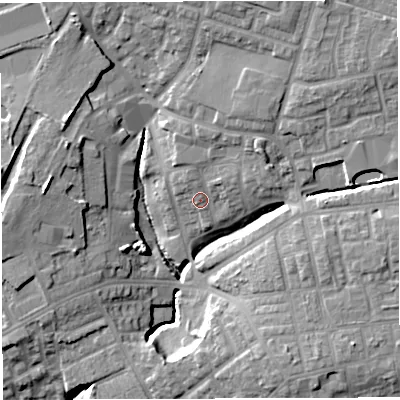 Shaded relief map of the ground around M460LJ, computed from Environment Agency LiDAR. The ground here sits at about 54 m above sea level and falls 18 m across the surrounding 800 m. Surface water reaching this point runs off ground lying to the west, 13.5 m higher.