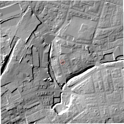 Shaded relief map of the ground around M460LL, computed from Environment Agency LiDAR. The ground here sits at about 55 m above sea level and falls 18 m across the surrounding 800 m. Surface water reaching this point runs off ground lying to the north-north-east, 13.1 m higher.