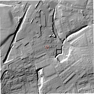 Shaded relief map of the ground around M460LN, computed from Environment Agency LiDAR. The ground here sits at about 55 m above sea level and falls 24 m across the surrounding 800 m. Surface water reaching this point runs off ground lying to the north-east, 15.0 m higher.